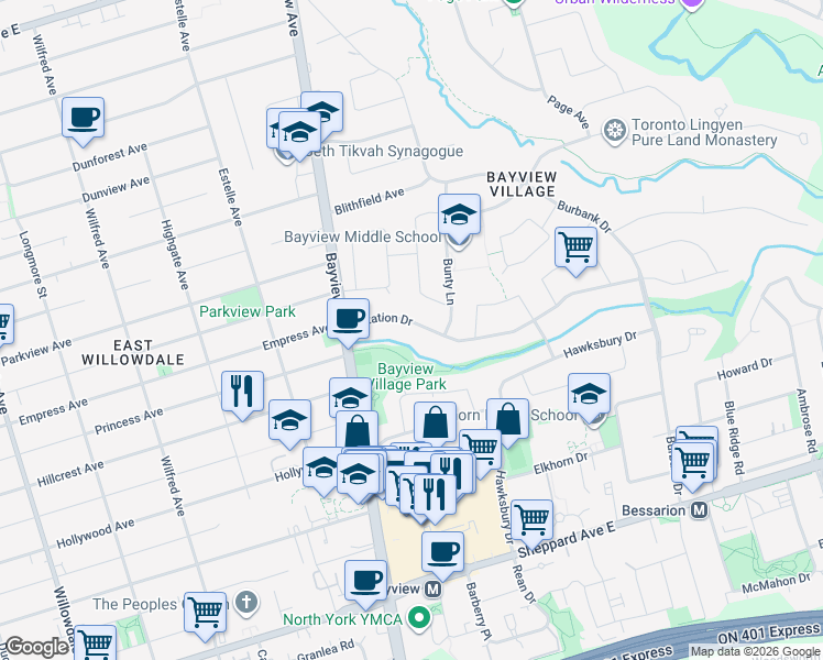 map of restaurants, bars, coffee shops, grocery stores, and more near 2 Citation Drive in Toronto