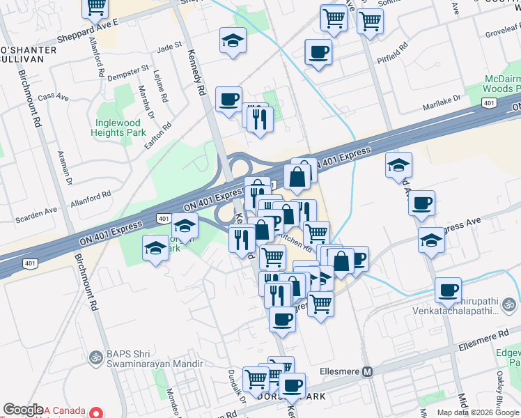 map of restaurants, bars, coffee shops, grocery stores, and more near 35 William Kitchen Road in Toronto