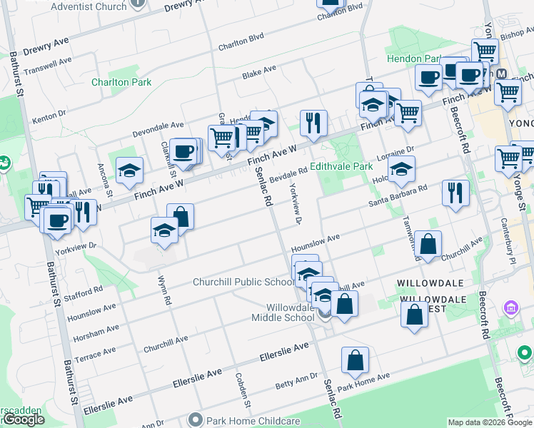 map of restaurants, bars, coffee shops, grocery stores, and more near 320 Senlac Road in Toronto