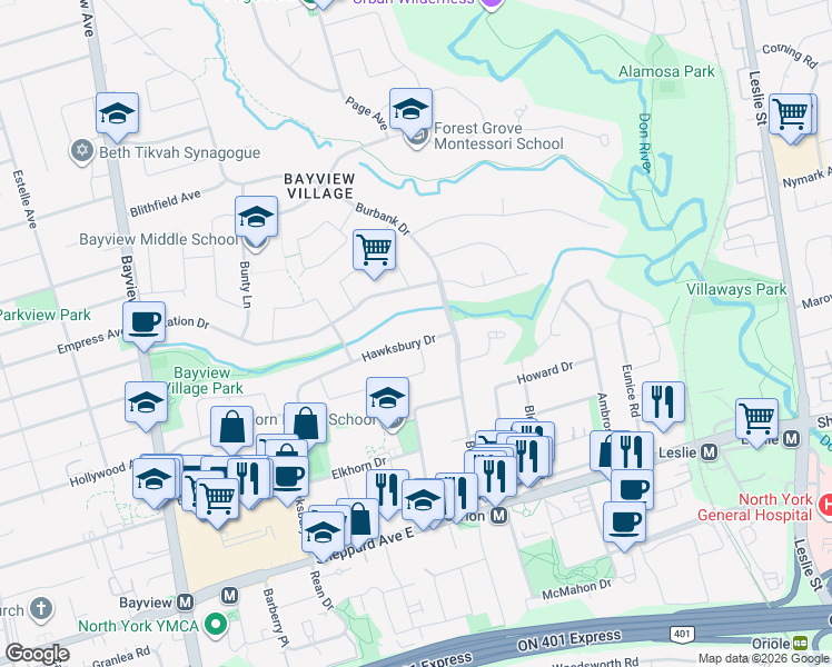 map of restaurants, bars, coffee shops, grocery stores, and more near 60 Hawksbury Drive in Toronto