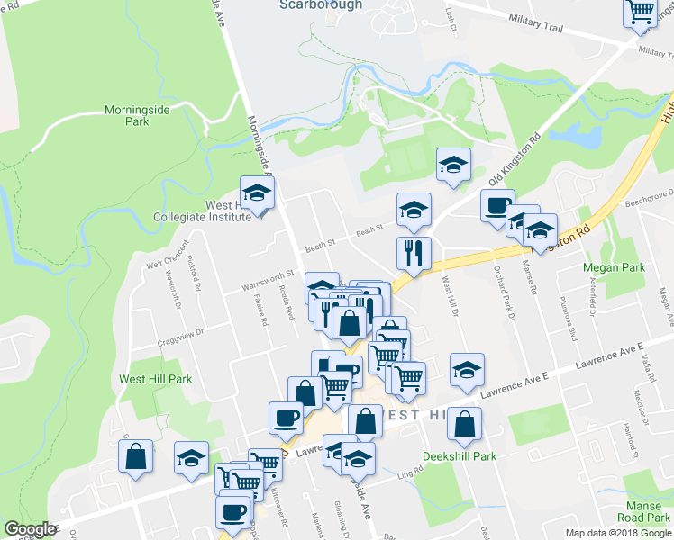 map of restaurants, bars, coffee shops, grocery stores, and more near 19 Amiens Road in Toronto
