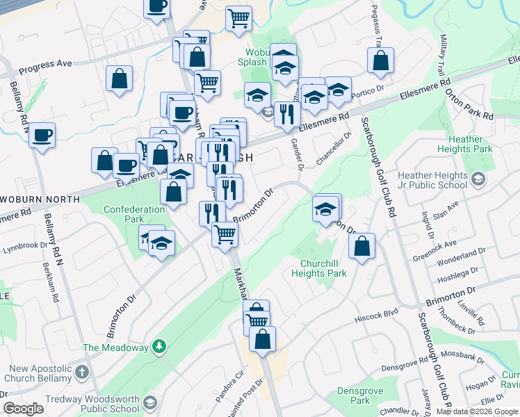 map of restaurants, bars, coffee shops, grocery stores, and more near 697 Brimorton Drive in Toronto