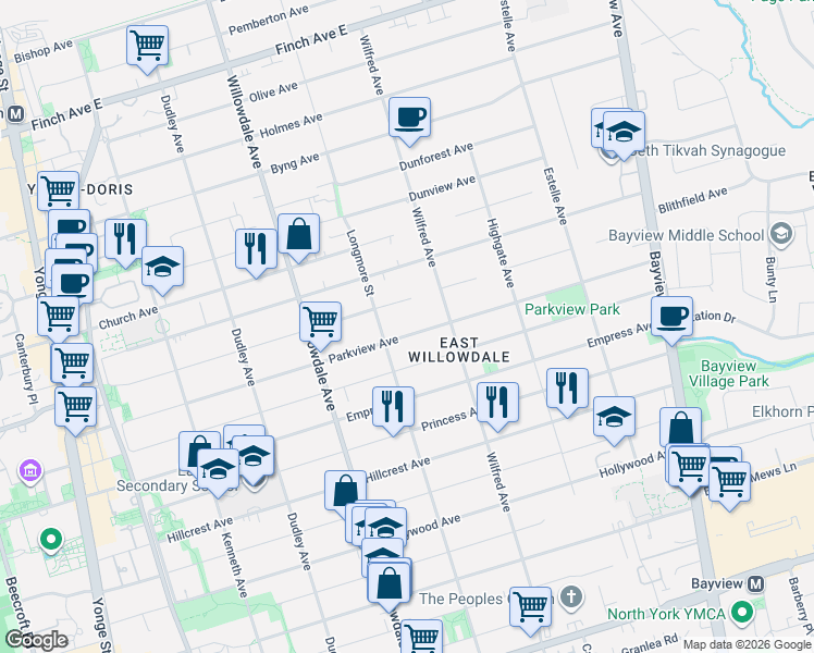 map of restaurants, bars, coffee shops, grocery stores, and more near 242 Parkview Avenue in Toronto
