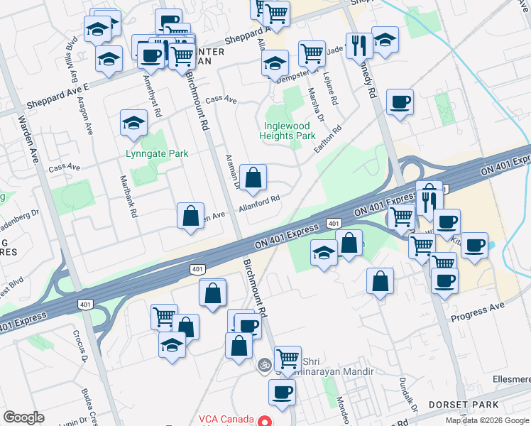 map of restaurants, bars, coffee shops, grocery stores, and more near in Toronto