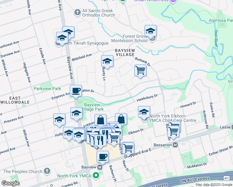 map of restaurants, bars, coffee shops, grocery stores, and more near in Toronto