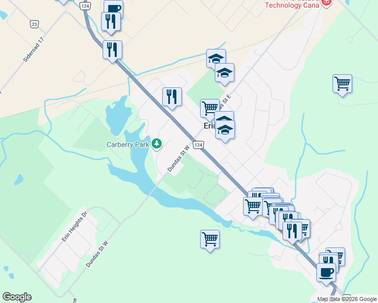 map of restaurants, bars, coffee shops, grocery stores, and more near 6 Dundas Street West in Erin
