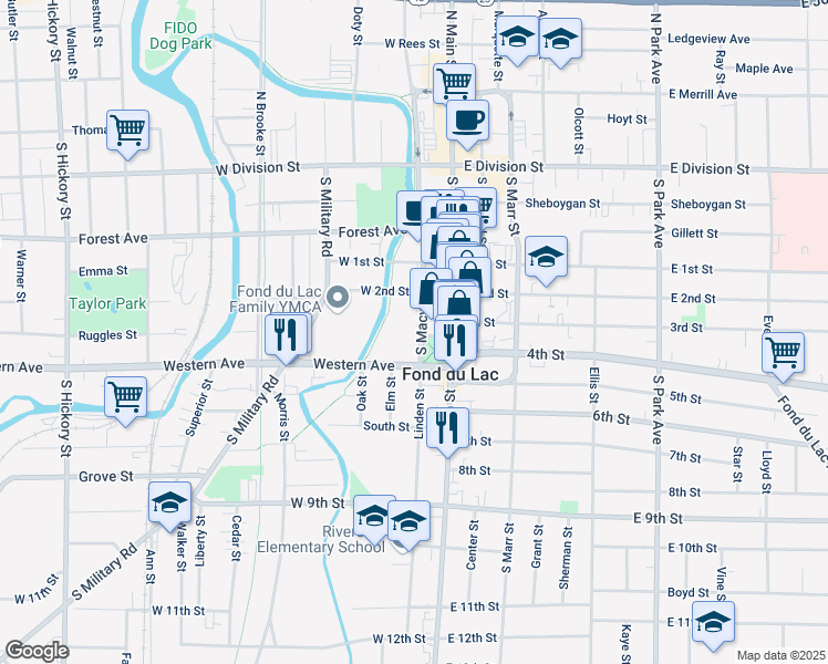 map of restaurants, bars, coffee shops, grocery stores, and more near 160 South Macy Street in Fond du Lac