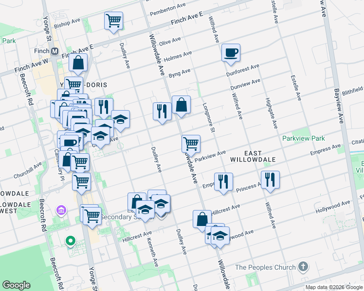 map of restaurants, bars, coffee shops, grocery stores, and more near in Toronto