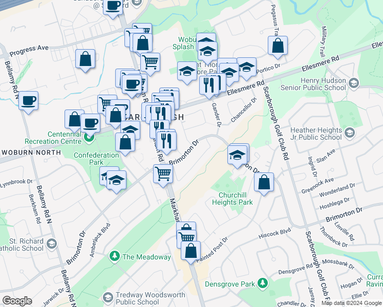 map of restaurants, bars, coffee shops, grocery stores, and more near 697 Brimorton Drive in Toronto