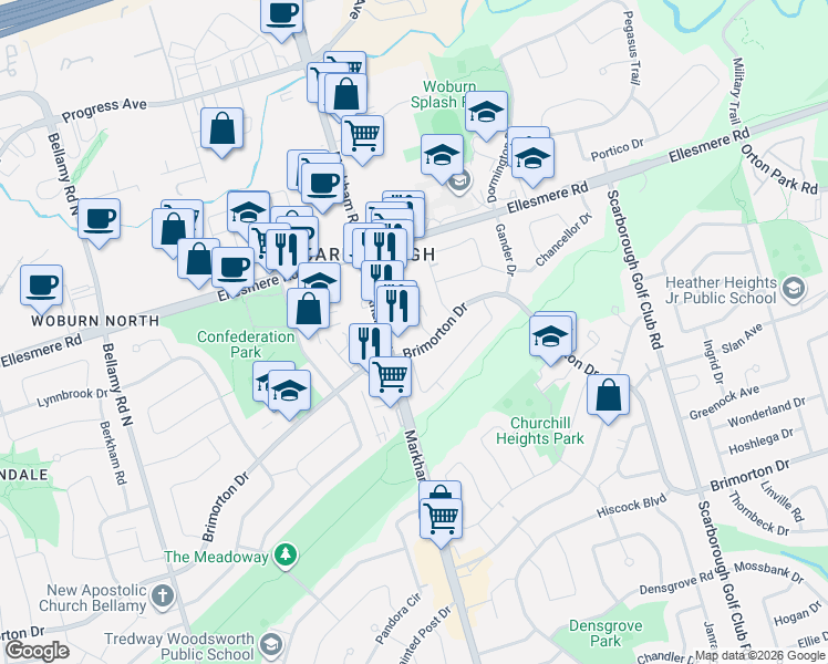 map of restaurants, bars, coffee shops, grocery stores, and more near 10 Meadowglen Place in Toronto