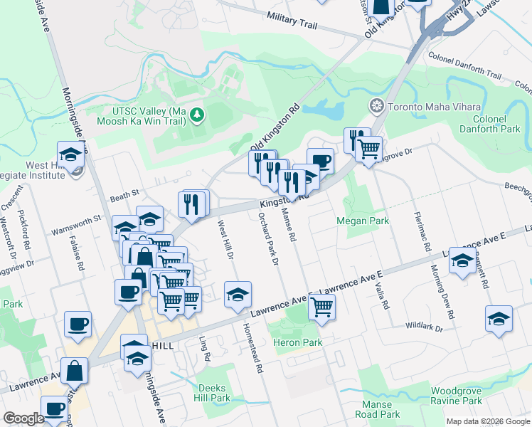 map of restaurants, bars, coffee shops, grocery stores, and more near 57C Orchard Park Drive in Toronto