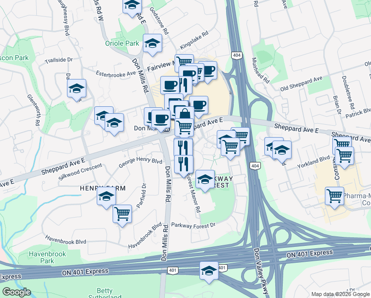 map of restaurants, bars, coffee shops, grocery stores, and more near 60 Forest Manor Road in Toronto