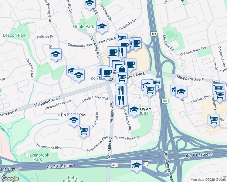 map of restaurants, bars, coffee shops, grocery stores, and more near 66 Forest Manor Road in Toronto