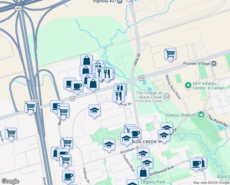 map of restaurants, bars, coffee shops, grocery stores, and more near 4001 Steeles Avenue West in Toronto