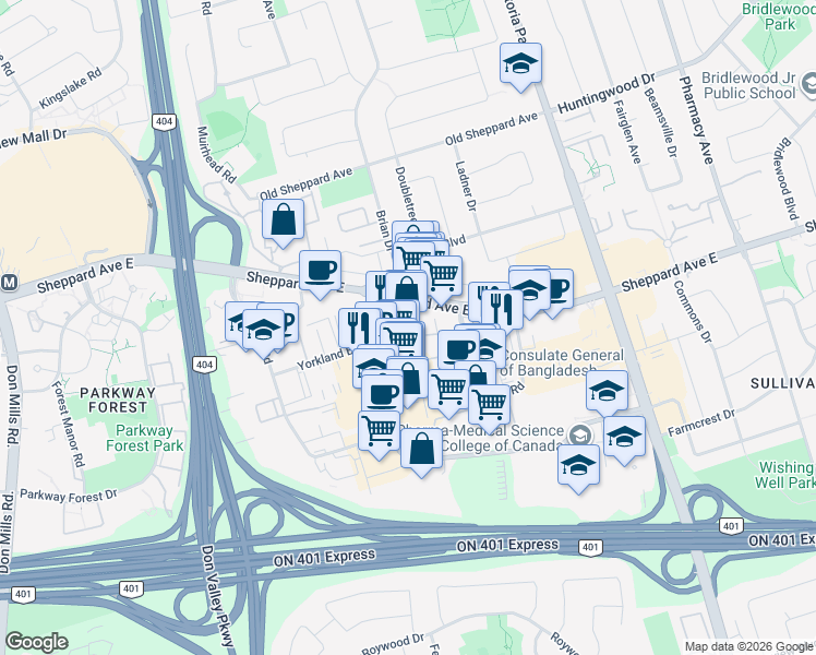 map of restaurants, bars, coffee shops, grocery stores, and more near in North York