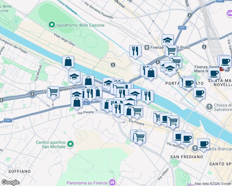 map of restaurants, bars, coffee shops, grocery stores, and more near 24 Via Baccio Bandinelli in Firenze
