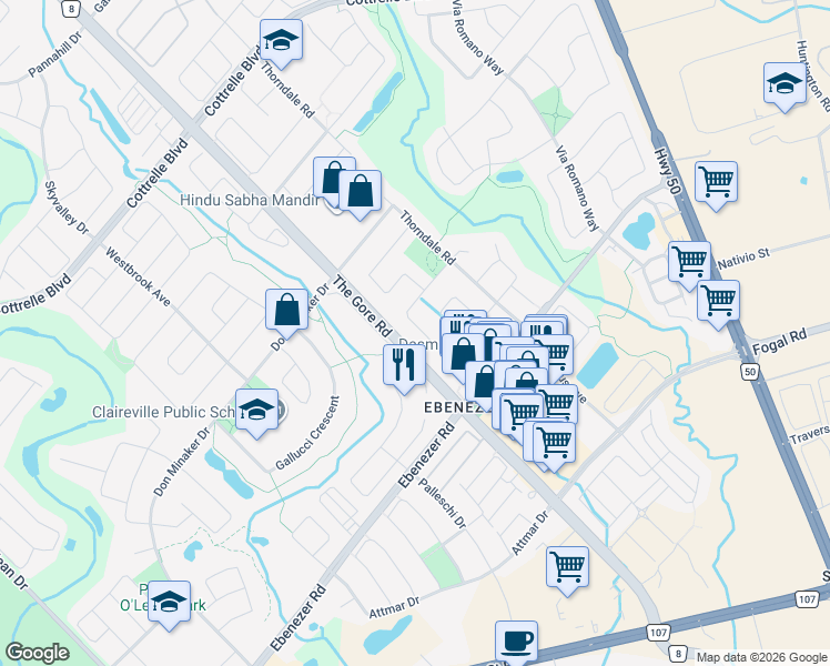 map of restaurants, bars, coffee shops, grocery stores, and more near 54 Kanashiro Street in Brampton