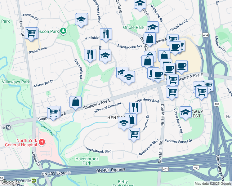 map of restaurants, bars, coffee shops, grocery stores, and more near 5 Rochelle Crescent in Toronto
