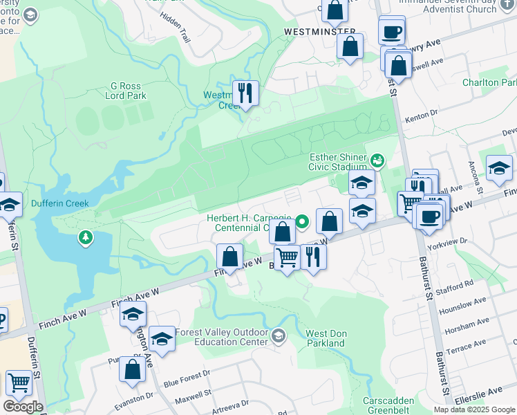 map of restaurants, bars, coffee shops, grocery stores, and more near in Toronto