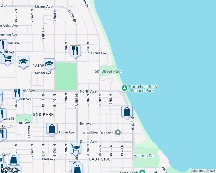 map of restaurants, bars, coffee shops, grocery stores, and more near 2716 North 5th Street in Sheboygan