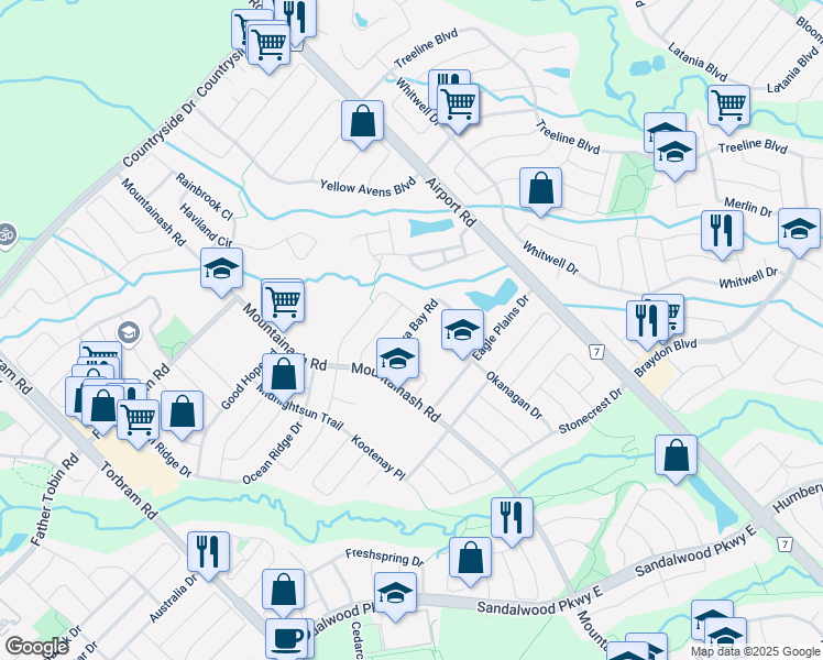 map of restaurants, bars, coffee shops, grocery stores, and more near 36 Ungava Bay Road in Brampton