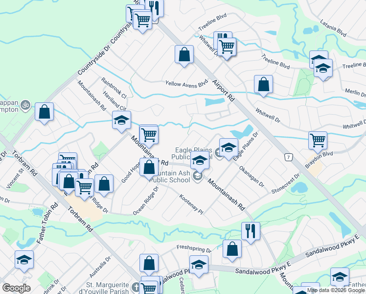 map of restaurants, bars, coffee shops, grocery stores, and more near 19 Klondike Trail in Brampton