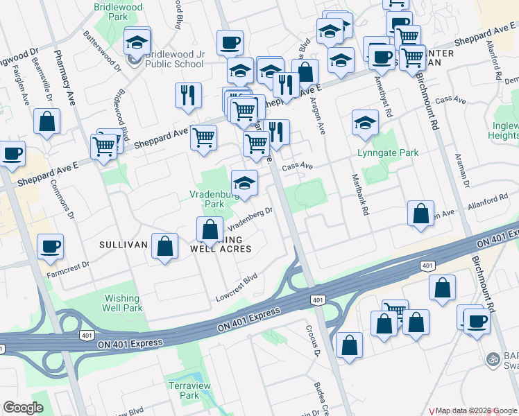 map of restaurants, bars, coffee shops, grocery stores, and more near 60 Vradenberg Drive in Toronto