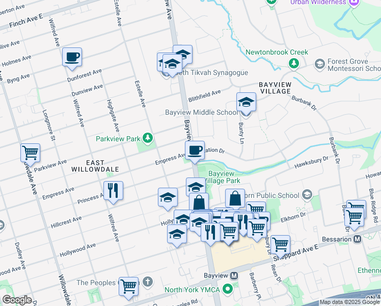 map of restaurants, bars, coffee shops, grocery stores, and more near 436 Empress Avenue in Toronto