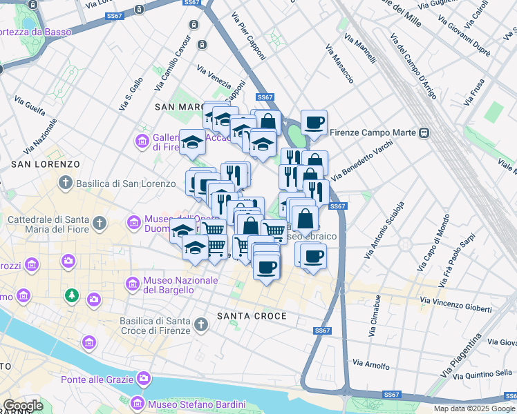 map of restaurants, bars, coffee shops, grocery stores, and more near 34 Piazza Massimo Bogianckino in Firenze