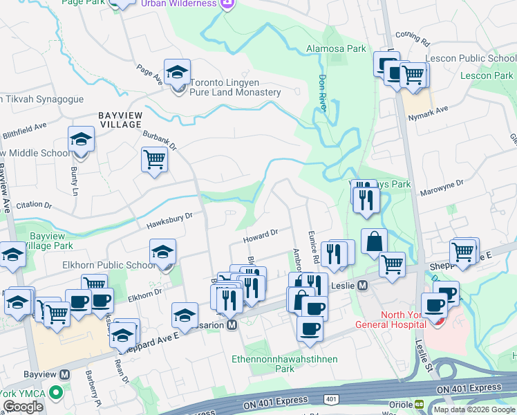 map of restaurants, bars, coffee shops, grocery stores, and more near 93 Clarinda Drive in Toronto