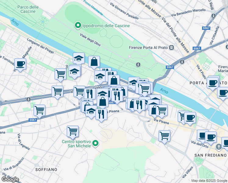 map of restaurants, bars, coffee shops, grocery stores, and more near 18-20 Via del Pignoncino in Florence