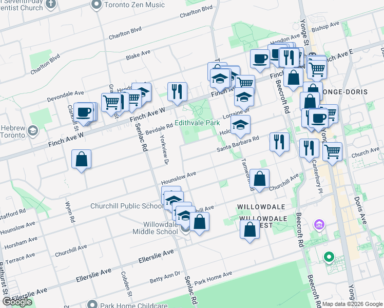 map of restaurants, bars, coffee shops, grocery stores, and more near in Toronto