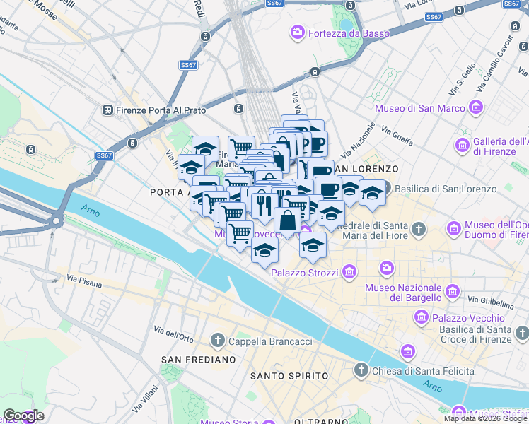 map of restaurants, bars, coffee shops, grocery stores, and more near 20n Via dei Canacci in Firenze