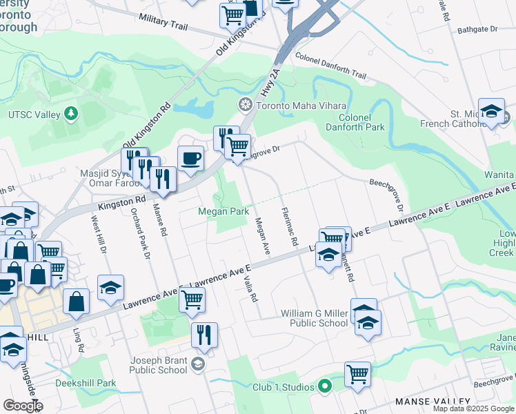 map of restaurants, bars, coffee shops, grocery stores, and more near 35 Megan Avenue in Toronto