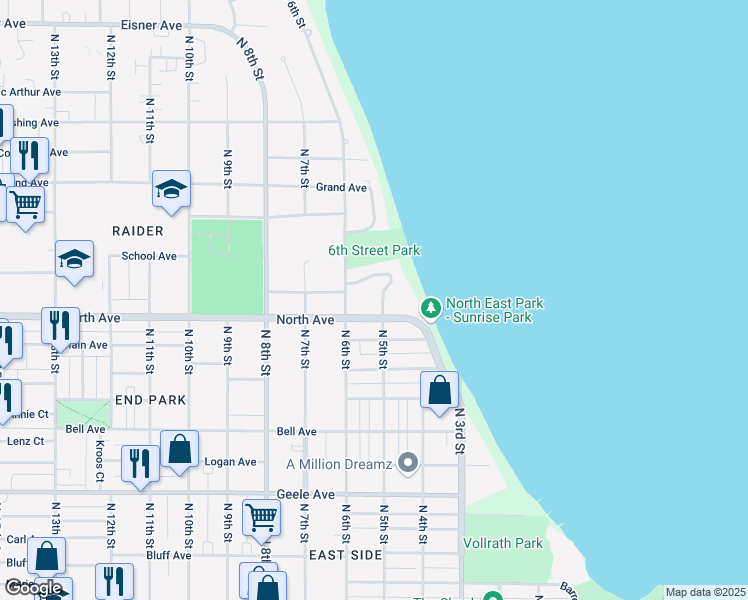 map of restaurants, bars, coffee shops, grocery stores, and more near 2716 North 5th Street in Sheboygan
