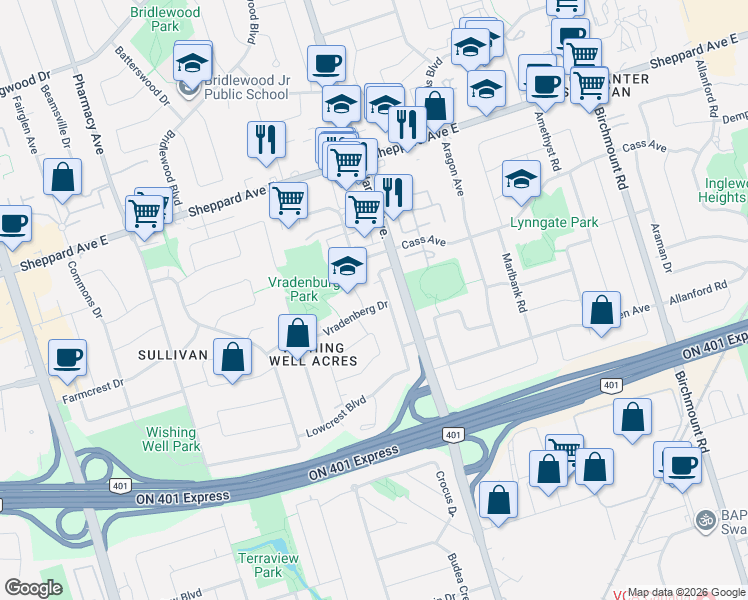 map of restaurants, bars, coffee shops, grocery stores, and more near 60 Vradenberg Drive in Toronto
