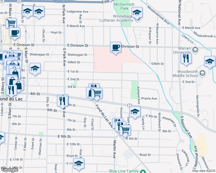 map of restaurants, bars, coffee shops, grocery stores, and more near 371 3rd Street in Fond du Lac