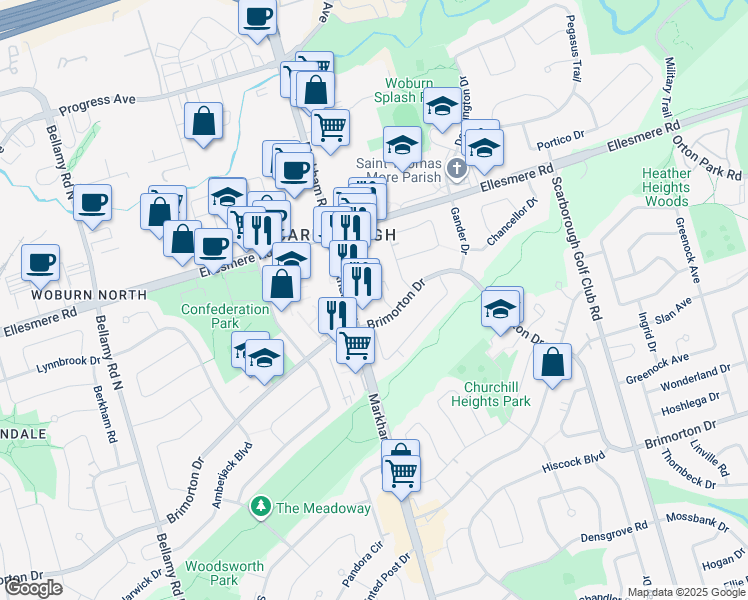 map of restaurants, bars, coffee shops, grocery stores, and more near in Toronto