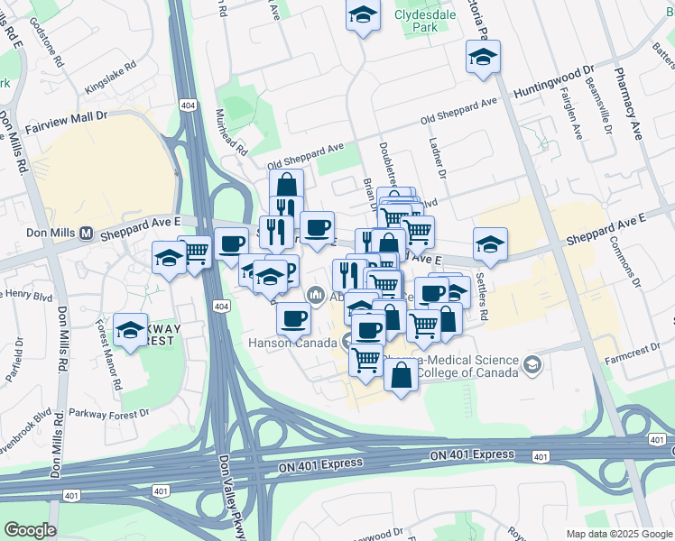 map of restaurants, bars, coffee shops, grocery stores, and more near 55 Smooth Rose Court in Toronto