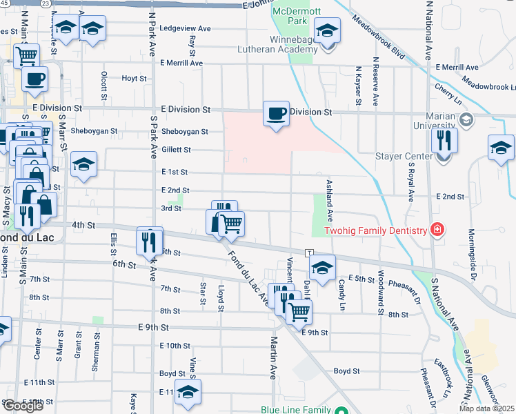 map of restaurants, bars, coffee shops, grocery stores, and more near 371 3rd Street in Fond du Lac
