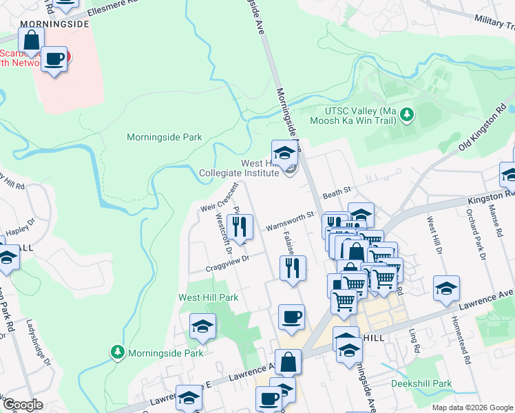 map of restaurants, bars, coffee shops, grocery stores, and more near 55 Weir Crescent in Toronto