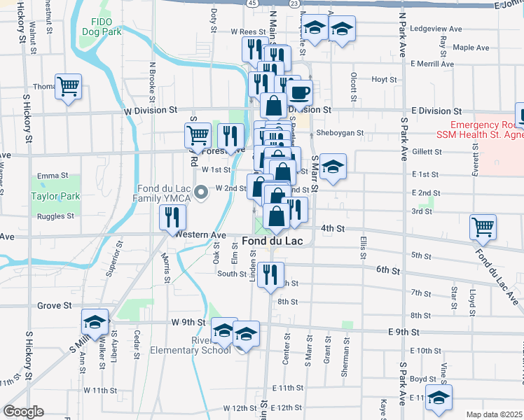 map of restaurants, bars, coffee shops, grocery stores, and more near 15 Court Street in Fond du Lac