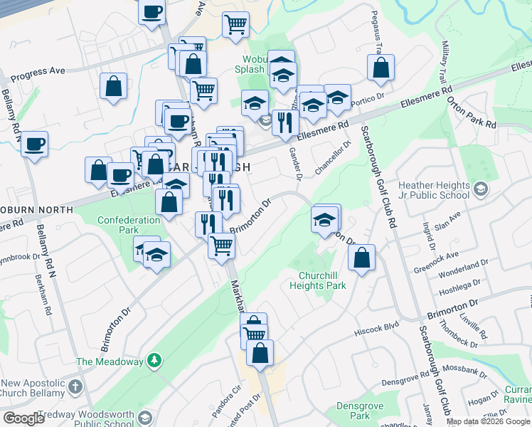 map of restaurants, bars, coffee shops, grocery stores, and more near 701 Brimorton Drive in Toronto