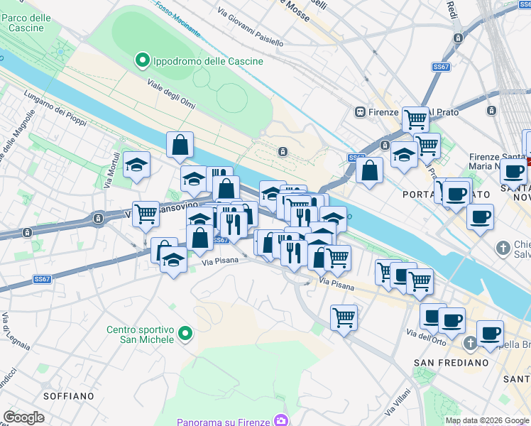 map of restaurants, bars, coffee shops, grocery stores, and more near 24 Via Baccio Bandinelli in Florence