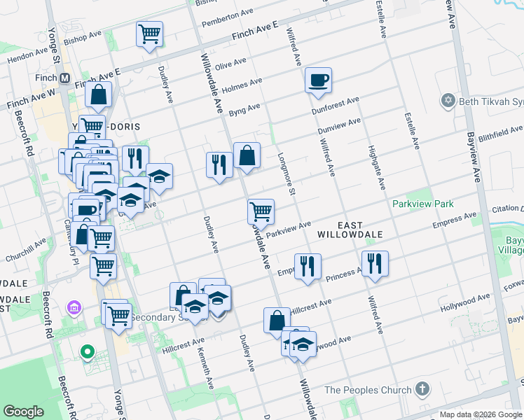 map of restaurants, bars, coffee shops, grocery stores, and more near 164 Norton Avenue in Toronto