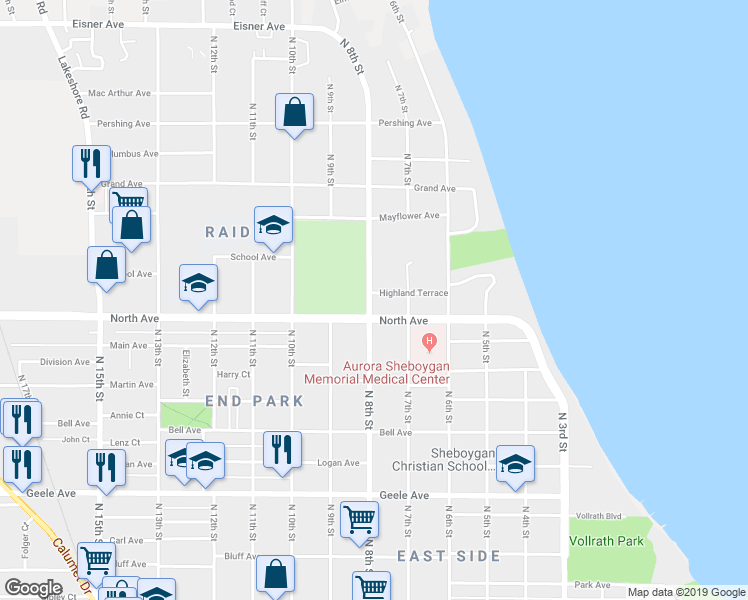 map of restaurants, bars, coffee shops, grocery stores, and more near 731 Highland Terrace in Sheboygan