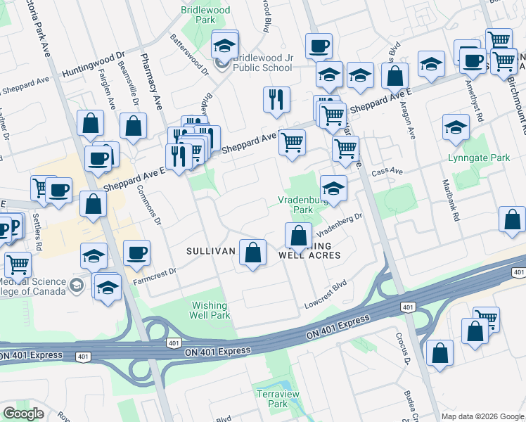 map of restaurants, bars, coffee shops, grocery stores, and more near 27 Beacham Crescent in Toronto