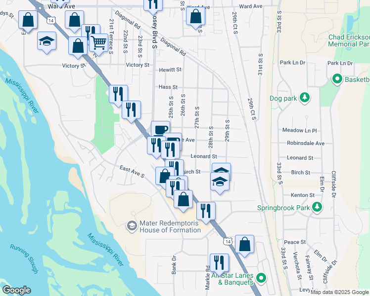 map of restaurants, bars, coffee shops, grocery stores, and more near 3315 26th Street South in La Crosse