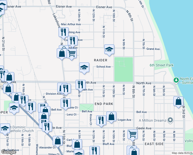 map of restaurants, bars, coffee shops, grocery stores, and more near 2717 North 12th Street in Sheboygan
