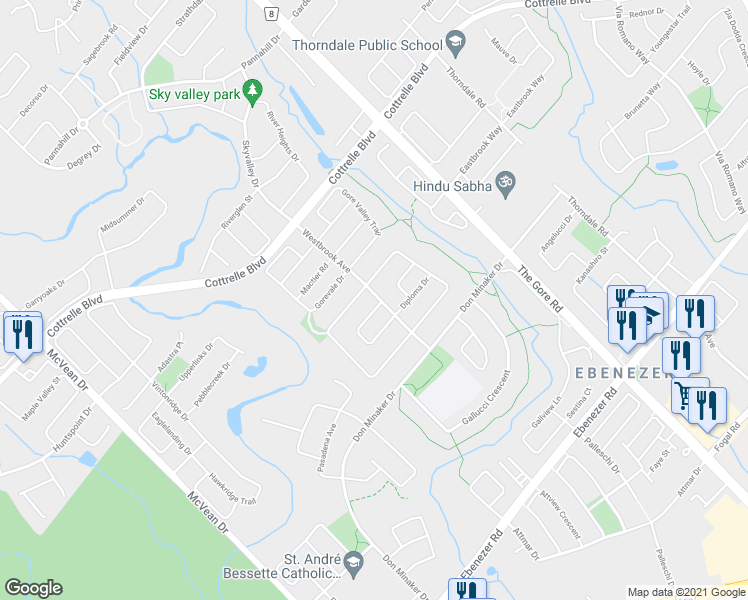 map of restaurants, bars, coffee shops, grocery stores, and more near 16 Westbrook Avenue in Brampton